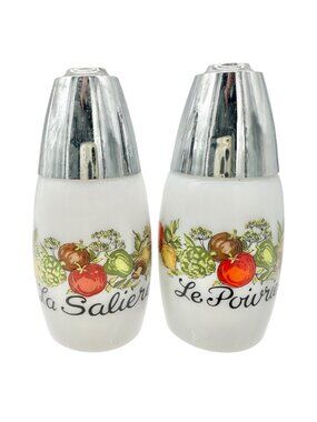 French Salt and Pepper Shakers La Saliere Le Poivrier White Glass Chrome Veggies